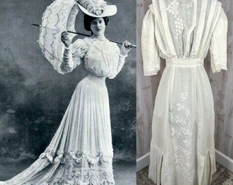1910s Edwardian Gown ~ Embellished Embroidered Grapes White Linen Walking Dress XSmall