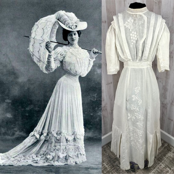 1910s Edwardian Gown ~ Embellished Embroidered Grapes White 1910s Edwardian Gown ~ Embellished Embroidered Grapes White
