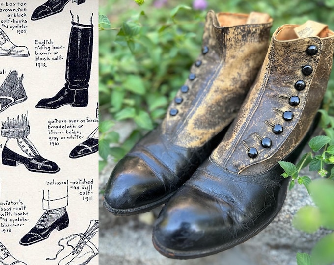1900s Mens Antique Edwardian Button Boots ~ Smooth Two Tone Brown/Black Leather Unisex Shoes 10.75" Bottom Length 1910s