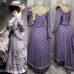 1890s Victorian 2PC Purple Silk Brocade Dress Corset Jacket/Skirt Antique Outfit/Gown 1900s Small WOUNDED