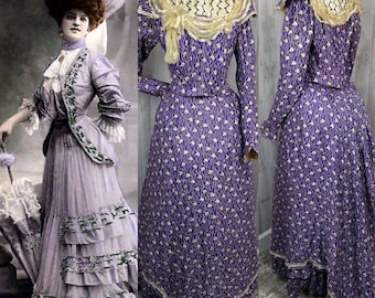 1890s Victorian 2PC Purple Silk Brocade Dress Corset Jacket/Skirt Antique Outfit/Gown 1900s Small WOUNDED