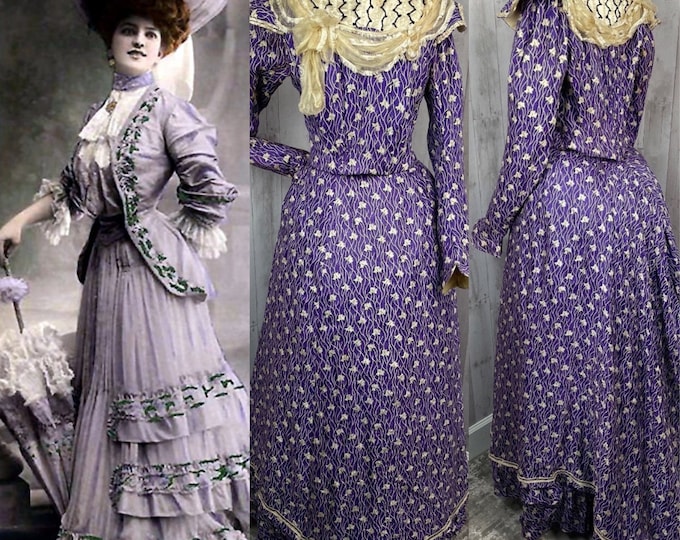 1890s Victorian 2PC Purple Silk Brocade Dress Corset Jacket/Skirt Antique Outfit/Gown 1900s Small WOUNDED