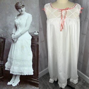 1900s Edwardian/Victorian Nightgown Chemise Antique White Batiste Cotton Size M/L Vintage  Pink Silk Ribbon WOUNDED