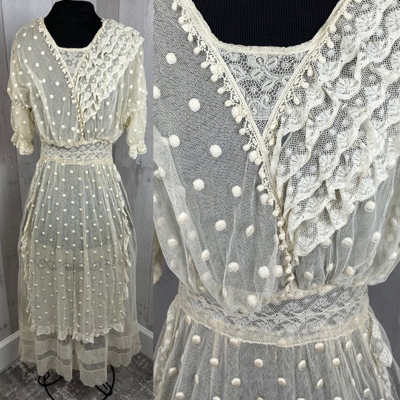 1910s True Edwardian Dress~Sheer Ivory Cotton Net… - image 2