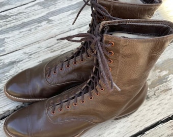 1910s Edwardian True Antique Boots Medium Brown Leather Vintage Lace Up 9.5”