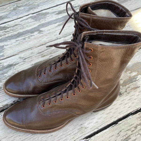 1910s Edwardian True Antique Boots Medium Brown Leather Vintage Lace Up 9.5”