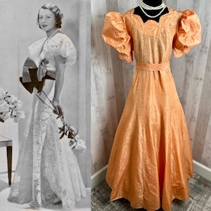 1930s Antique Dress A-Line Ball Gown Vintage Melon Colored Taffeta Puffy Sleeves Small/2