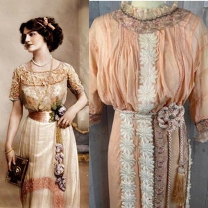 c1910s Edwardian True Antique Gown Vintage Dress Appliqué Lace S/XS