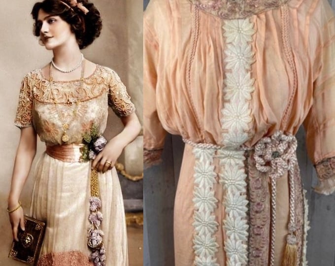 c1910s Edwardian True Antique Gown Vintage Dress Appliqué Lace S/XS