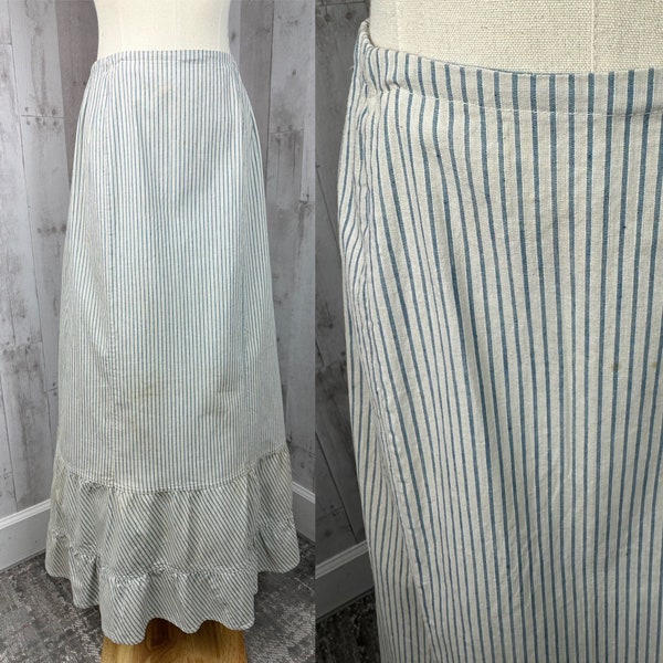 1910s True Edwardian Petticoat Slip Unbleached Blue Striped Cotton Crinoline Skirt w/Ruffled Tiers 1900s Medium WOUNDED