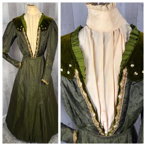 1900-1910s Edwardian Gown/Dress Olive Green Silk Brocade 2pc Bodice & Skirt WOUNDED XS/S
