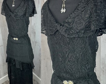 1920s Antique Art Deco Sheer Lace Gown Jet Black Vintage Dress w/Drop Waist S