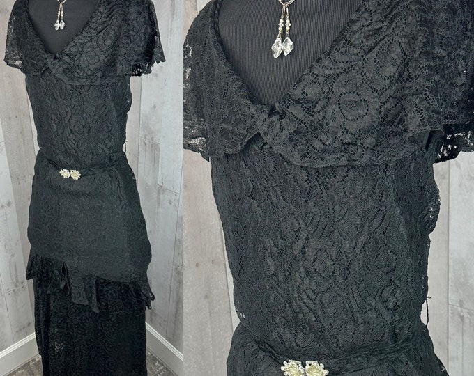 1920s Antique Art Deco Sheer Lace Gown Jet Black Vintage Dress w/Drop Waist S