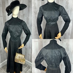 1900s Edwardian Waist Shirt Blouse Antique Black Silk w/Netting 1910s Small WOUNDED image 1