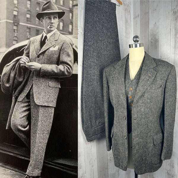 1930-40er Jahre Antiker schwarz/grauer Tweed-Anzug, 42" Brust 30" Taille