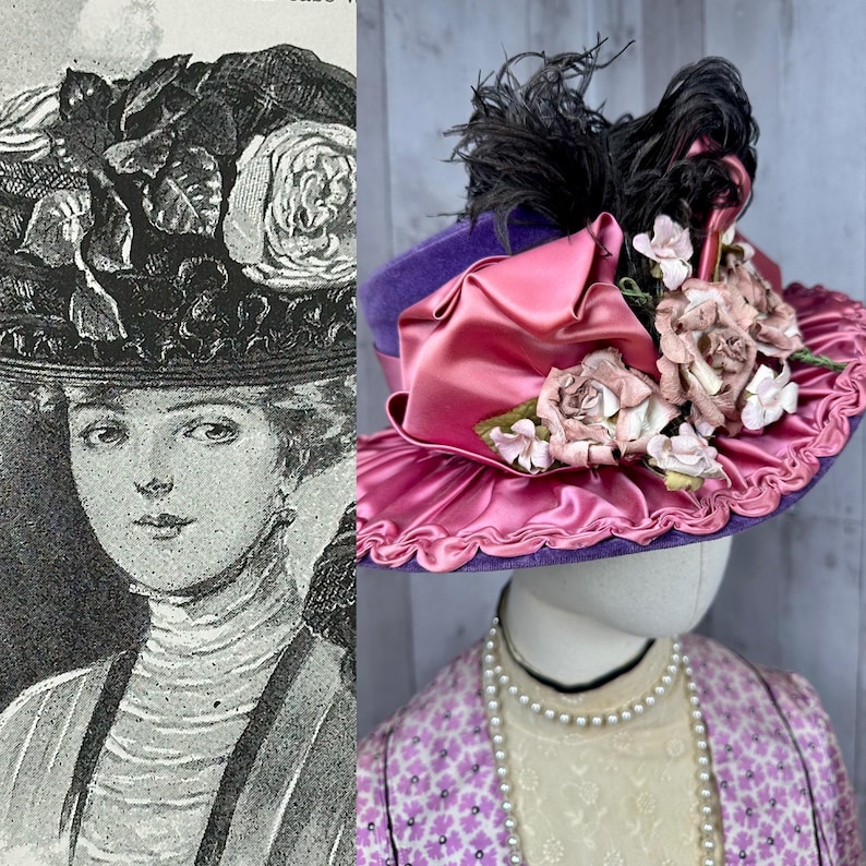 May include: A vintage-style hat with a purple velvet base and a pink satin ruffle. The hat is adorned with a large pink satin bow, a black feather, and several pink fabric roses.