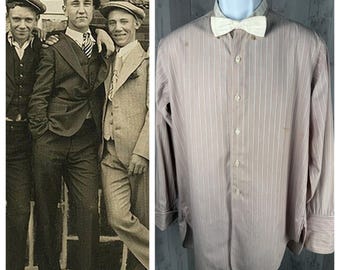1910s Edwardian Mens Dress Shirt Pale Brown Button Front Cotton 1920s 15” Collar 48” Chest WOUNDED