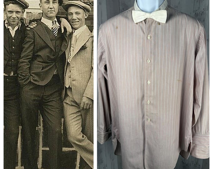 1910s Edwardian Mens Dress Shirt Pale Brown Button Front Cotton 1920s 15” Collar 48” Chest WOUNDED