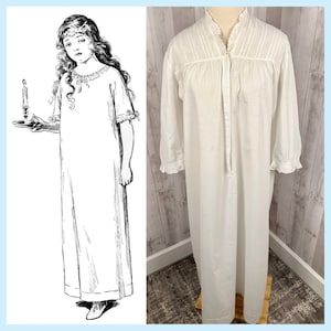 1900s Edwardian/Victorian Antique Nightgown Chemise~Crisp White Cotton w/Vintage Pintucks & Ruffle Trim - M/L