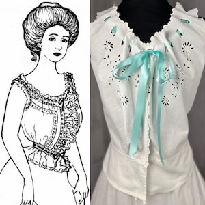 1910s True Edwardian Corset Cover ~ White Crisp Cotton Top with Aqua Satin Ribbon 1900s 26 Waist / 33 bust