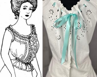 1910s True Edwardian Corset Cover ~ White Crisp Cotton Top with Aqua Satin Ribbon 1900s 26 Waist / 33 bust