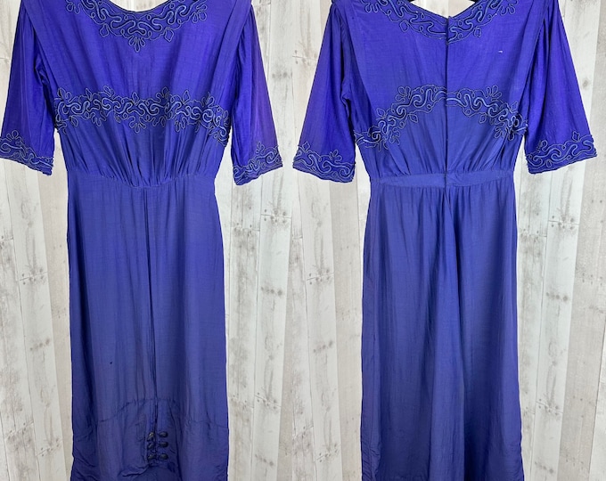 1910s Edwardian Dress Antique Deep Royal Purple Titanic Gown Embellished w/Soutache Appliqué ~ Small
