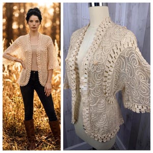 Edwardiaans / art-deco stofdoek blouse blouse doorschijnend ivoor top geborduurd netstof borduurwerk Jrs / klein