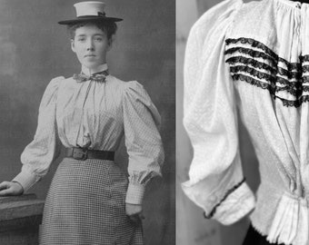 1890-1900s Victorian Waist Shirt - Sheer Pale Yellow Swiss Dot Lace Ruffles Blouse WOUNDED