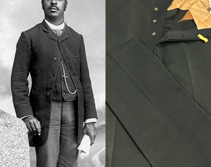 1910-1920s Edwardian Tuxedo Trousers Antique Inky Black Mens Wool Pants AUTHENTIC-Very RARE! 38x32