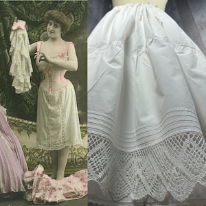 1910s Plus Size Edwardian Petticoat~Antique Tiered White Crisp Linen Crinoline Skirt~Lace  Hem 1900s  Up to 46&quot; waist