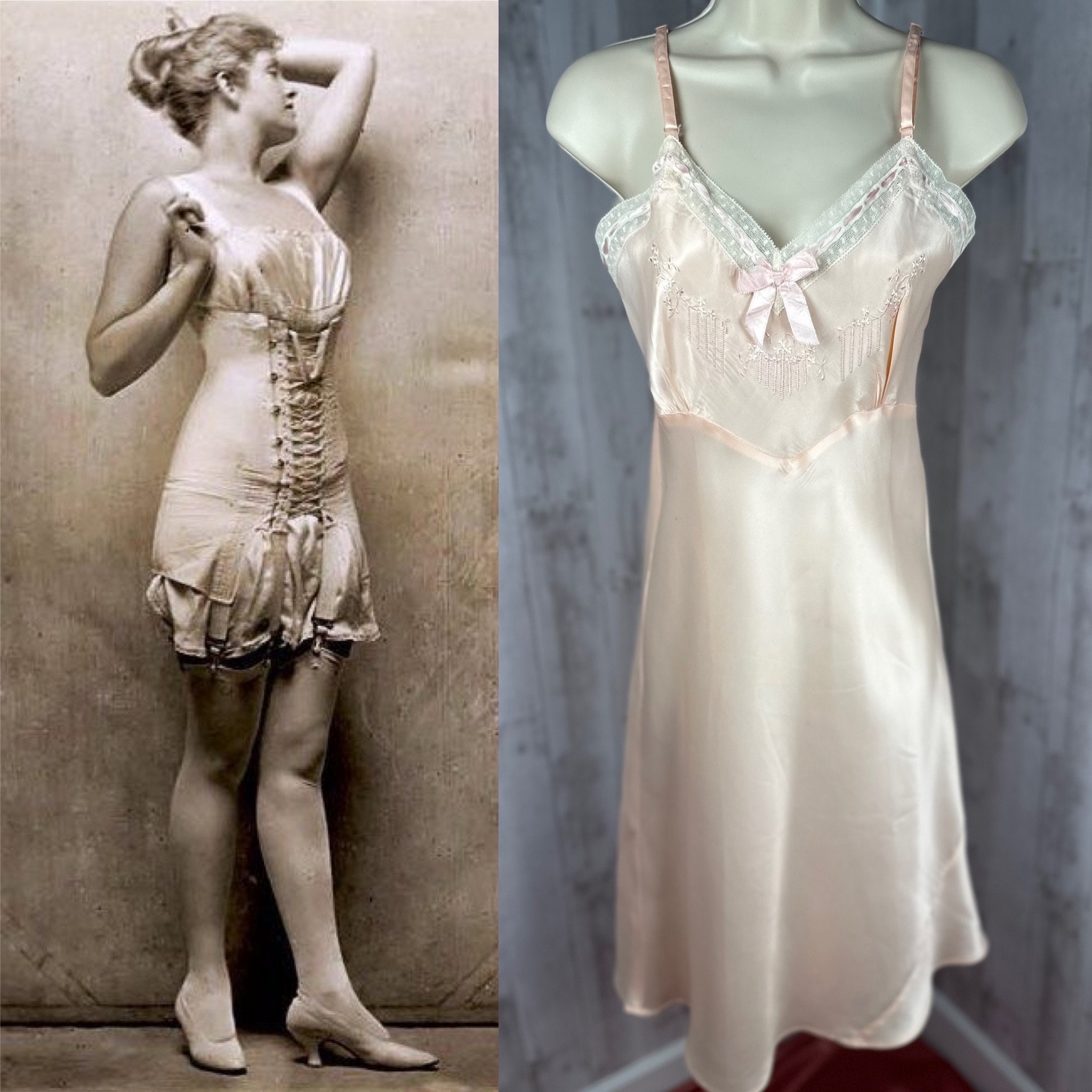 1920s Antique Silk Nightgown ~ off White Satin Ivory Art