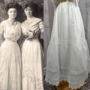 1910s Edwardian Petticoat~Antique Tiered White Crisp Linen Crinoline Skirt~Crochet Ruffle Hem 1900s  Up to 44&quot; adjustable waist~PLUS SIZE