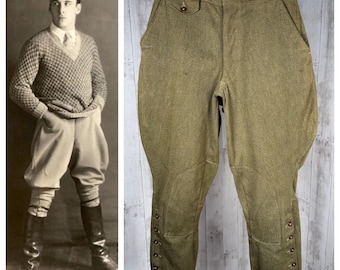 1890s Victorian Jodhur Pants Unisex Hunting Motorcycle Riding Trousers Cycle Breeches Workwear 29” Army Green RARE!