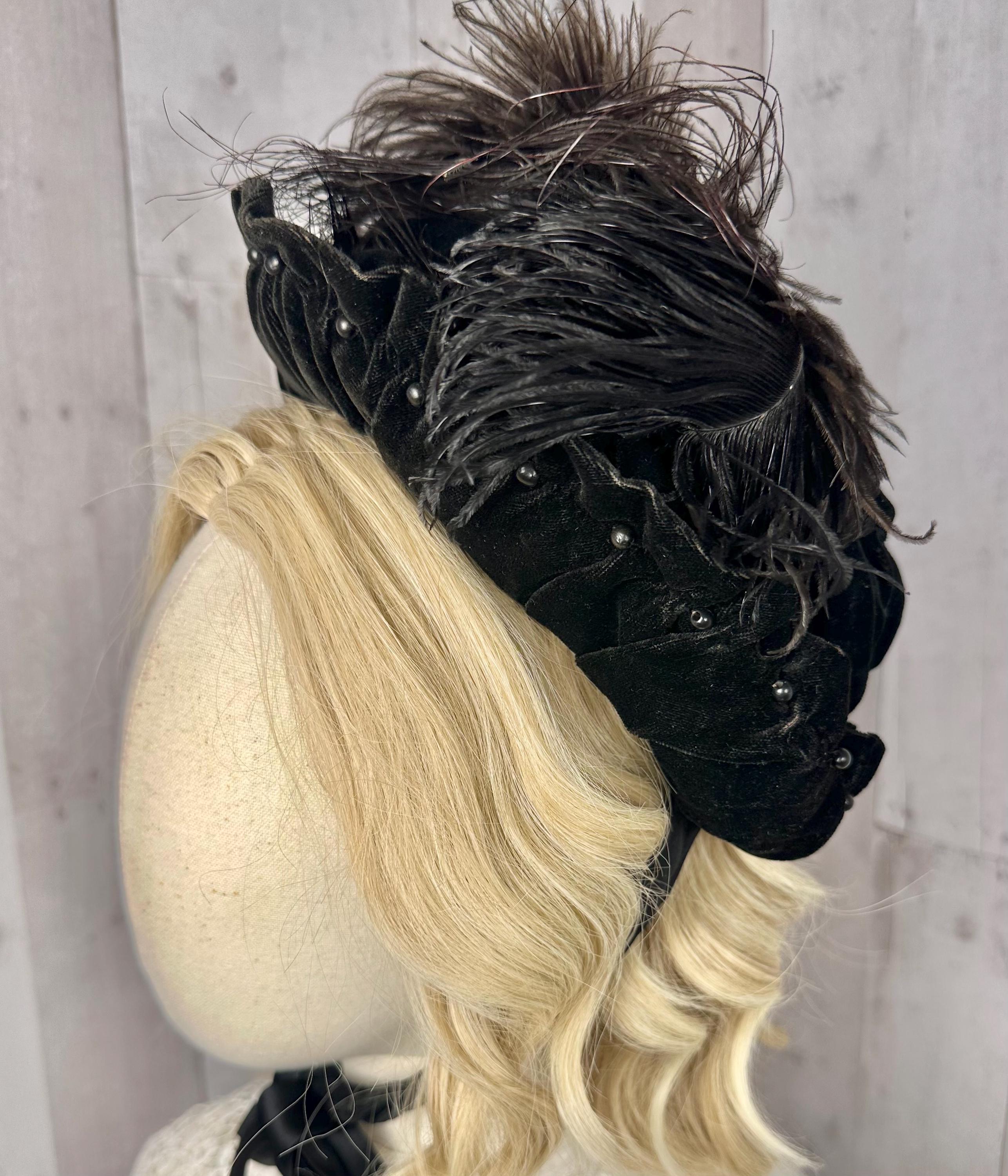 1890s Victorian Mourning HAT Inky Black Brim Bonnet Beaded  display picture 1