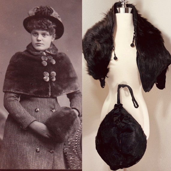 1900s Antique Fur Stole Wrap & Muff 2PC VICTORIAN… - image 1
