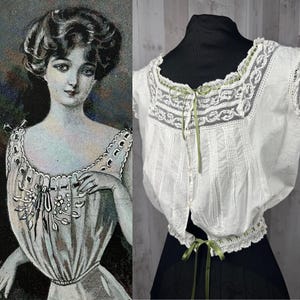 1910s True Edwardian Corset Cover ~ White Crisp Cotton Top with Spring Green Satin Ribbon 1900s 20+ Waist / 36 bust