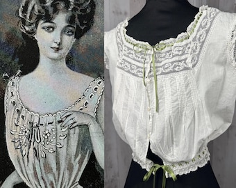 1910s True Edwardian Corset Cover ~ White Crisp Cotton Top with Spring Green Satin Ribbon 1900s 20+ Waist / 36 bust