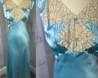 1920s Antique Satin Nightgown Art Deco Hollywood Glam Ocean Blue Rayon 1930s Size S/M