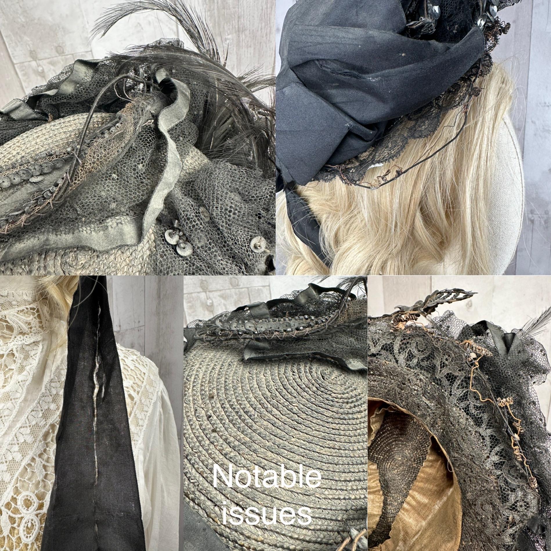 C1880-1890s Victorian French Fashion HAT Inky Black Straw Bun