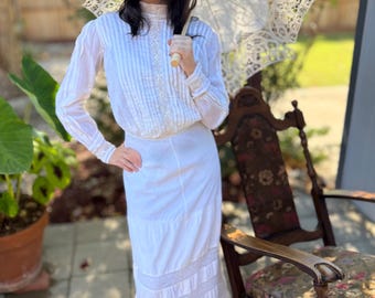 1910s Edwardian Dress~ Ivory Batiste Cotton Gown Lace, Pintucks, Sheer Lawn Wedding Bridal Gown 1900s XS