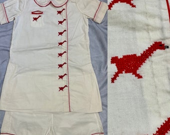 1930s Antique 2PC Top/Shorts ~  Red Dinosaur Embroidery ~ Off White Cotton Fabric Toddlers Youth Chest