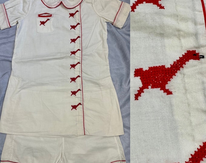 1930s Antique 2PC Top/Shorts ~  Red Dinosaur Embroidery ~ Off White Cotton Fabric Toddlers Youth Chest