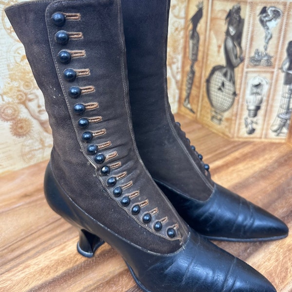 1900s Antique Victorian/Edwardian Womens 2Tone Button Boots~Chocolate Brown Suede / Black Smooth Leather- 9.75" Length