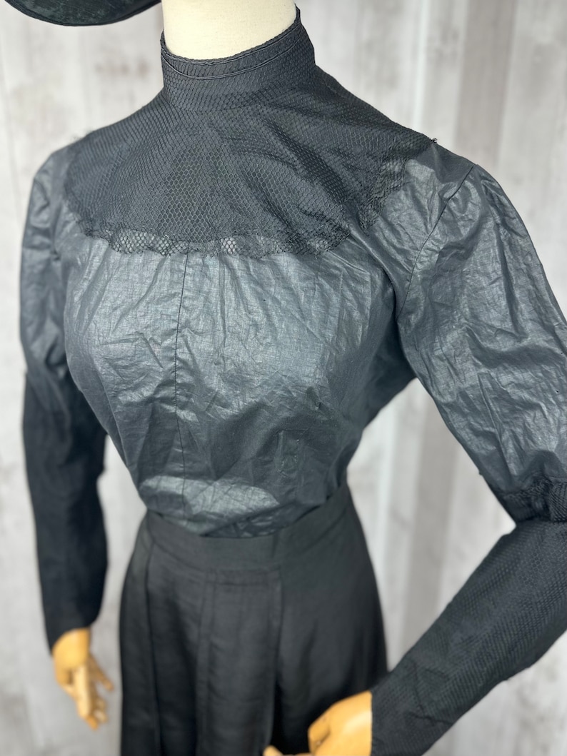 1900s Edwardian Waist Shirt Blouse Antique Black Silk w/Netting 1910s Small WOUNDED image 2