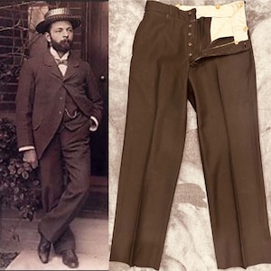 1910-1920s Edwardian Trousers Antique Inky Black Mens Wool Pants AUTHENTIC-Very RARE! 32W