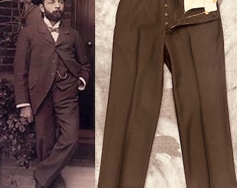 1910-1920s Edwardian Trousers Antique Inky Black Mens Wool Pants AUTHENTIC-Very RARE! 32W