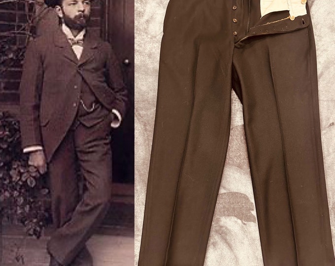 1910-1920s Edwardian Trousers Antique Inky Black Mens Wool Pants AUTHENTIC-Very RARE! 32W