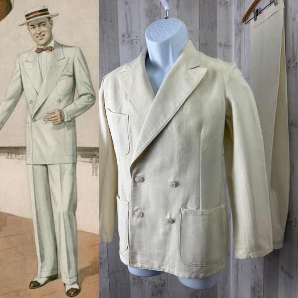 1930-40s PALM BEACH Antique Linen Suit Ivory/Wheat Unbleached Color Linen 34"Chest 26" Waist
