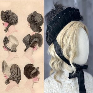 1890s Victorian Mourning HAT Inky Black Brim Bonnet Beaded Velvet Ostrich Embellishments