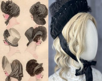 May include: A collection of vintage illustrations of women wearing different styles of hats. The hats are all black and feature various embellishments, including feathers, bows, and beads. The illustrations are in black and white and have a delicate, feminine aesthetic.